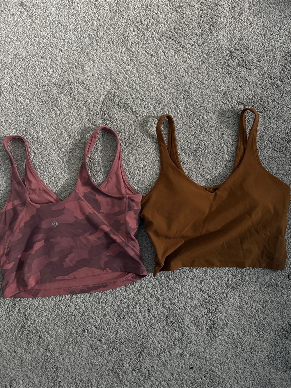 lululemon athletica Mauve Camo and Brown Double Crop Tank Set